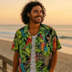 Pineapple Connection Hawaiian Shirt Mens Large Parrot Tropical Rayon Aloha Luau